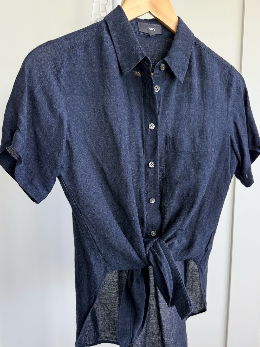 Theory Hekanina Linen-Blend Short Sleeve Shirt – Navy – Petite P